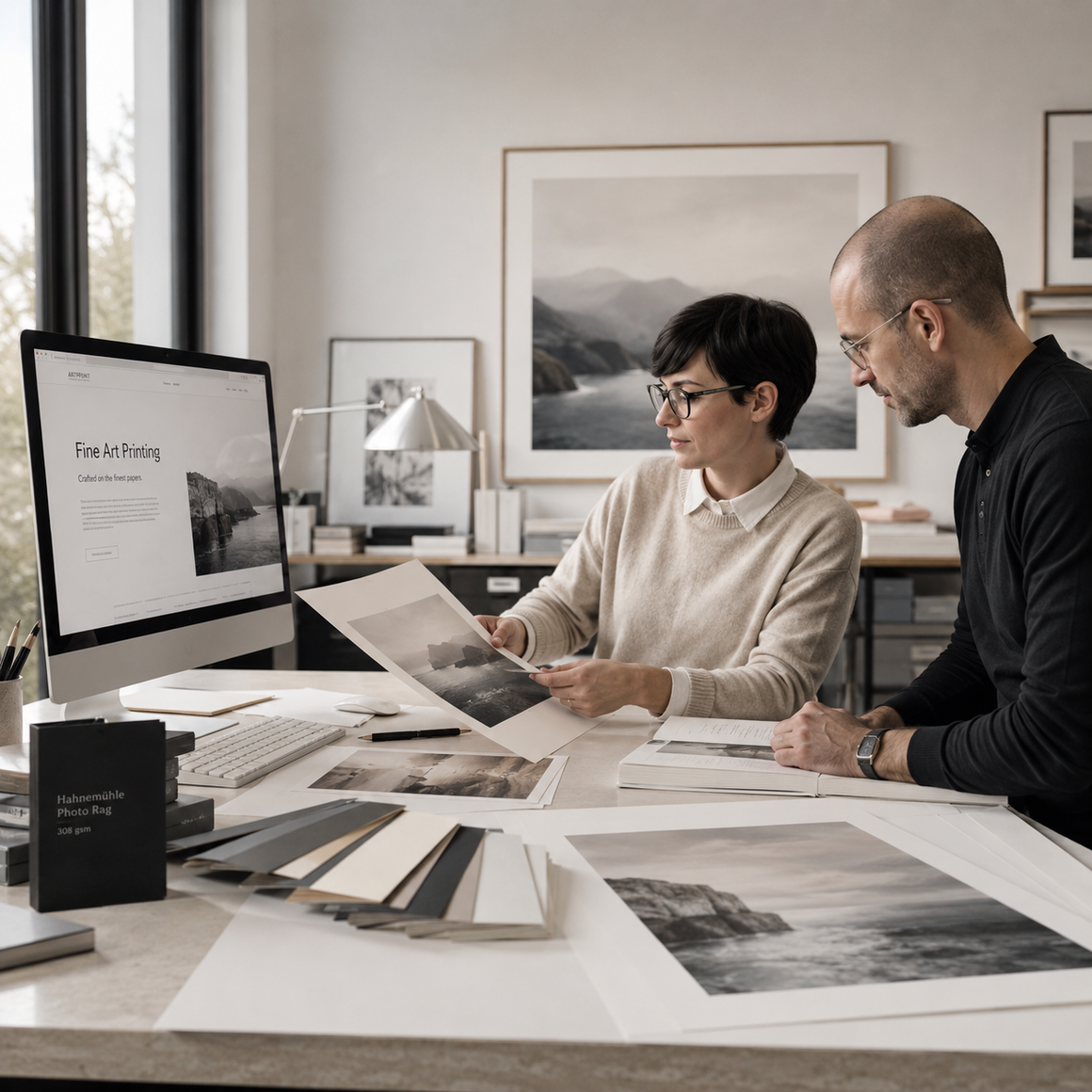 Beratungssituation mit Materialmustern und Druckbeispielen auf einem Tisch